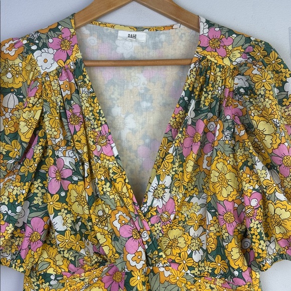 RAHI The Petra Dress Puff Sleeve Ruched Fauxed Wrap Ruffle Floral Cotton Large - Picture 3 of 16